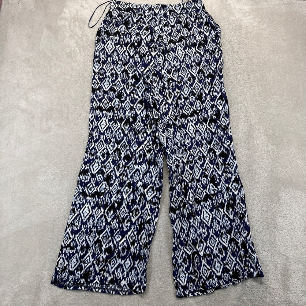 Solitaire Pants Women Large Wide Leg Palazzo Blue White Ikat Diamond Boho Hippie